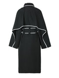 Women Black Pocket Color-block Big Size Trench New Lapel Long Sleeve Windbreaker Fashion Tide Spring Autumn 2023