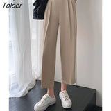 Korean Suit Pants Women Rose Red Khaki Black Capris Autumn Thin High-end Casual Ice Silk Straight Pants Female