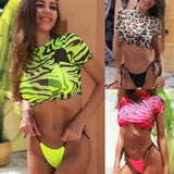 Toloer 2023 Hot Style Print Split Swimsuit Sexy Half Sleeve Three-Piece Bikini Leopard Print Hot Selling Bikini-Outfit