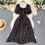 Sweet Floral Dress Women Green Square Collar Short Sleeve A-line Dresses Summer Bohemian Print Beach