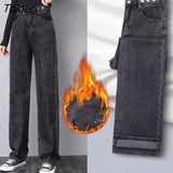 Autumn Winter High Waist Baggy Jeans Women 2023 Wide Leg Thick Warm Plush Pants Woman Straight Loose Denim Trousers