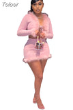 Cute Sexy Pink 2 Piece Set Women Fluffy Faux Fur Trim Tie Up Cardigan and Skirt Birthday Party Club Outfits
