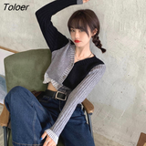 Cardigan Women Vintage Patchwork Harajuku BF Sexy V-neck Slim Sweaters Spring Autumn Long Sleeve Harajuku Fashion