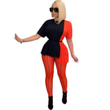 Piece Set Women Casual Outfits Short Sleeve Patchwork Top and Mesh Leggings Office Lady Streetwear Wholesale