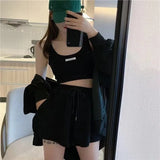 Shorts Three 3 Piece Sets Women Vest Drawstring Shorts Hooded Zipper Jacket Sportswear Suits Female Solid Sports