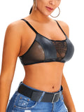 Sexy Black Lace Patch PU Leather Straps Night Club Crop Bralette