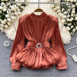French-Style Waist-Low-Down Shirt Female Careful Machine Strap Design With A Chic Folded Lotus Leaves Hem French