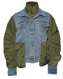 Casual Denim Patch Ruched Long Sleeve Padded