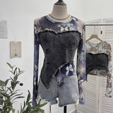 Shooting Tie-Dye Print Spliced Denim T-Shirt Girl Autumn Design Sense Irregular Hair Side Short-Sleeved Top