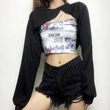 Graduation party Gothic Two Pieces Sets Skinny Black O Neck Long Sleeve Women Crop Tops White T-Shirts With Print Camisole