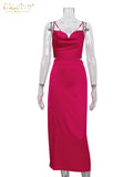 Sexy Strap Pink Satin Dress Ladies Summer Bodycon Sleeveless Midi Dress Elegant Lace-up Backless Dresses For Women
