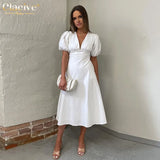 Bodycon V-Neck White Dress Woman Summer Sexy Puff Sleeve Midi Dresses Elegant Slim High Waist Classic Female Dress