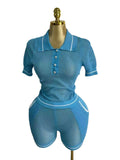 Hollow Knitted Two-Piece Collar Short-Sleeved Umbilled Blouse + High-Waisted Shorts Sports Leisure Set Spring