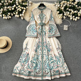 Dress New Retro Print Collar Collar Horn Sleeve Dress Women's Single Buckle Large Irregularly Folded Long
