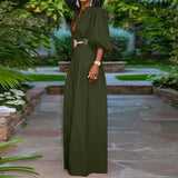 Elegant Long Jumpsuits Women 3/4 Sleeve Vintage High Waist Wide Leg Rompers Casual Pleated Party Overalls Loose Pants No
