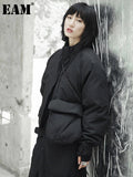New Spring Stand Collar Black Single Pocket Stitch Large Size Warm Cotton-padded Coat Women Jacket Fashion