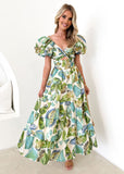 Summer New Holiday Leisure Printing Waist Bubble Sleeve Dress Dress