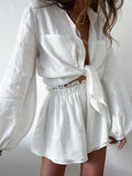 Cotton Linen Women Summer Shorts Suits Holiday Lantern Sleeve Shirts And Hot Pants 2 Pieces Sets Women White