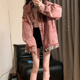Spliced Denim Jacket Girl Spring And Autumn Loose Design Sense Small Casual Pink Workwear