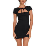 Women Summer Dress 2023 Solid Color Hollow Out Tie Up Short Sleeve Wrapped Hip Bodycon Dresses Party Club Mini Dress