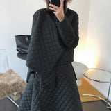 Women Winter New Niche Design Rhombic Oblique Short Cotton Jacket High Waist Skirt Oversize A-line skirt For Two Piece
