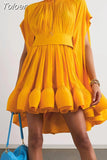 Asymmetrical Solid Mini Dresses For Women Round Neck Short Sleeve High Waist Spliced Plieasted A Line Dress Female