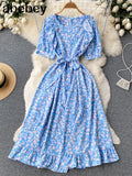 Ruffles Boho 2022 O Neck Summer floral print long split Dress Party Women high waist dress beach holiday tunic