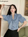 Blouse Women Blusas De Mujer 2023 Chic Short Sleeve Bandage Bow Denim Shirt Y2k Crop Tops Summer Casual Vintage