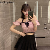 Sweet Blouses Women Patchwork Lace Off Shoulder Backless Shirts Crop Tops Chic Folds Puff Sleeve Sexy Y2k Blusas