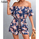 Fashion Floral Jumpsuit Women Playsuit Sexy Off Shoulder Jumpsuits-shorts Casual Wide Leg Pants Print Jumpsuit