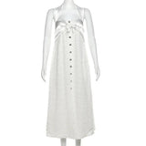 White Lace Buttoned Halter Midi Dress-Outfit