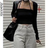 Rockmore Sexy Hollow Out T Shirt Halter Camis Crop Top Women Harajuku Long Sleeve Streetwear Black Basic Tight Tee 2 Piece