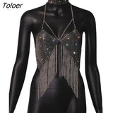 V Neck Fishnet Black Camisole Women Sexy Sleeveless Backless Elegant Clubwear Casual Rhinestone Tassel Tank Tops