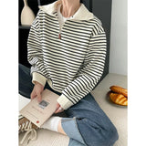 Women's Striped Polo's Neck Zipper Oversized Sweatshirt Long Sleeve Loose Casual