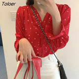 Women Long Flare Sleeve V-neck Sexy Printed Sweet Elegant Chiffon Hot Sale All-match Simple Loose Retro Chic Stylish