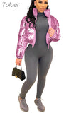 Silver Glossy Puffer Jacket Zip Up Shiny Bubble Coat Streetwear Women Clothing Winter Baddie Clothes