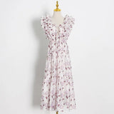 Spring Print Floral Dress For Female Square Collar Sleeveless High Waist Patchwork Ruffle Midi Dresses Female