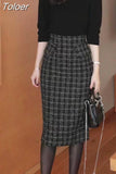 Tweed Plaid Women Skirt Korean Fashion Jupe High Waist Black Long Skirts Vintage Bodycon Skirts Faldas Mujer De
