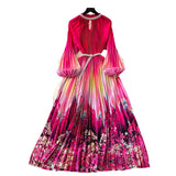 Elegant Dress Women Fashion Nail Ball Collar Hollow Pressure Folding Lantern Sleeves To Print Long