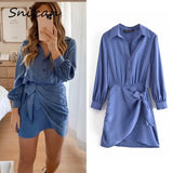 Knots Shirt Dress Mini Long Sleeve Aymmetric Short Robe Chemise Femme Za 2021 Women Spring Fashion Vestidos Cortos