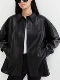 Winter Black Leather Jacket Women Loose Thin Moto Turndown Collar Jacket Fashion Button Streetwear Lady Outerwear