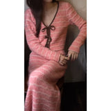 Age Reduction Knitting Set Early Autumn Design Stripe V-Neck Sweater Top Half-Dress Skirt
