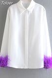 MODA Women Cuff Stitching Green Furry White Shirt Ladies Elegant Commuter Patchwork Blouse Vintage Loose Female Chic