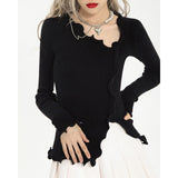 Sexy Irregular Pullovers Women V-neck Split Ruched Designer Knitted Sweater Ladies Elegant Slim Jumpers Autumn Chic