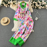 Women Print Floral Autumn Two Pieces Suits Lapel Lace Up Shirt+Wide Leg Long Pant American Style Fashion Casual