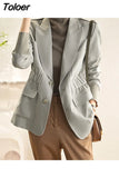 Fashion Women's Blazer Slim Notched Collar Single Button Folds Waist Straight Gray Suit Jackets Summer 2023 New