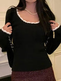 Contrast Color Trim Slim Long Sleeve Knit-Outfit