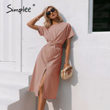 Party Cotton knotted straight women dress Casual O neck chic split dress Elegant green loose short sleeve ladies midi