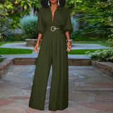 Elegant Long Jumpsuits Women 3/4 Sleeve Vintage High Waist Wide Leg Rompers Casual Pleated Party Overalls Loose Pants No