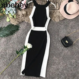 Casual Women Dress Knitted O Neck Sleeveless White Stripe Side Elegant Midi Dresses Bodycon Female